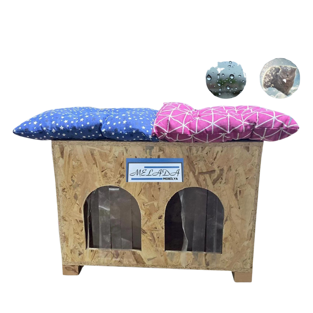 Melada Kedi Evi Dış Ortam Uygun Ahşap Kedi Evi Double OSB Minderli 61x41x36 cm