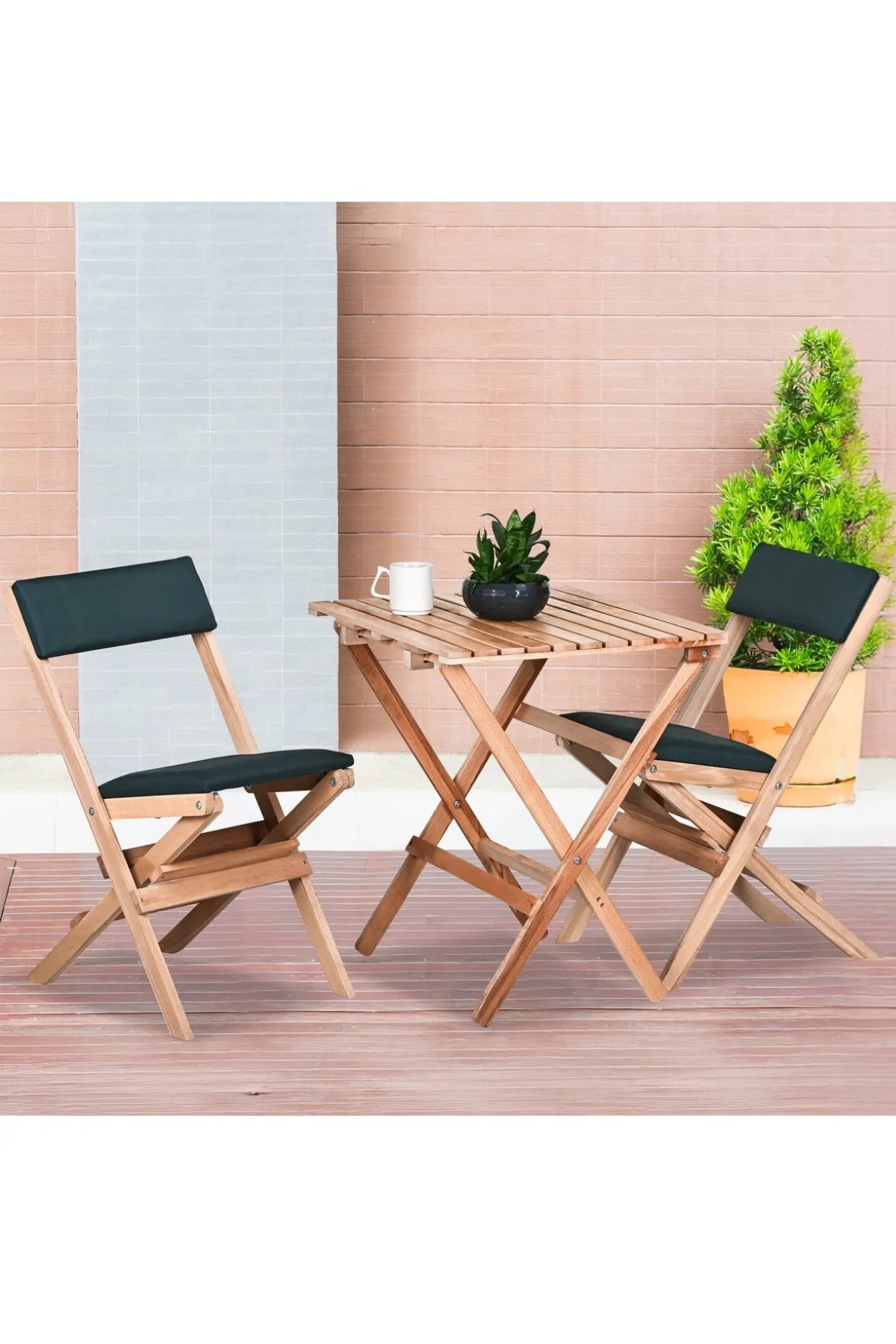 BySay Ahşap Katlanır Döşeme Minderli 3'lü Bistro Set Bahçe Takımı Naturel Yeşil