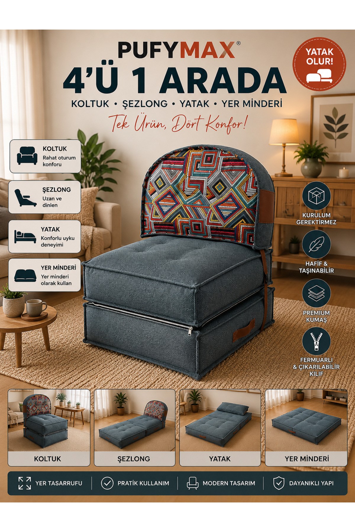 Pufymax Comfy Plus Oval Bohem Tekli Koltuk Yatak Olabilen Katlanır Berjer & Modüler Yer Yatağı 75x75x 90 cm Yeşil Desenli