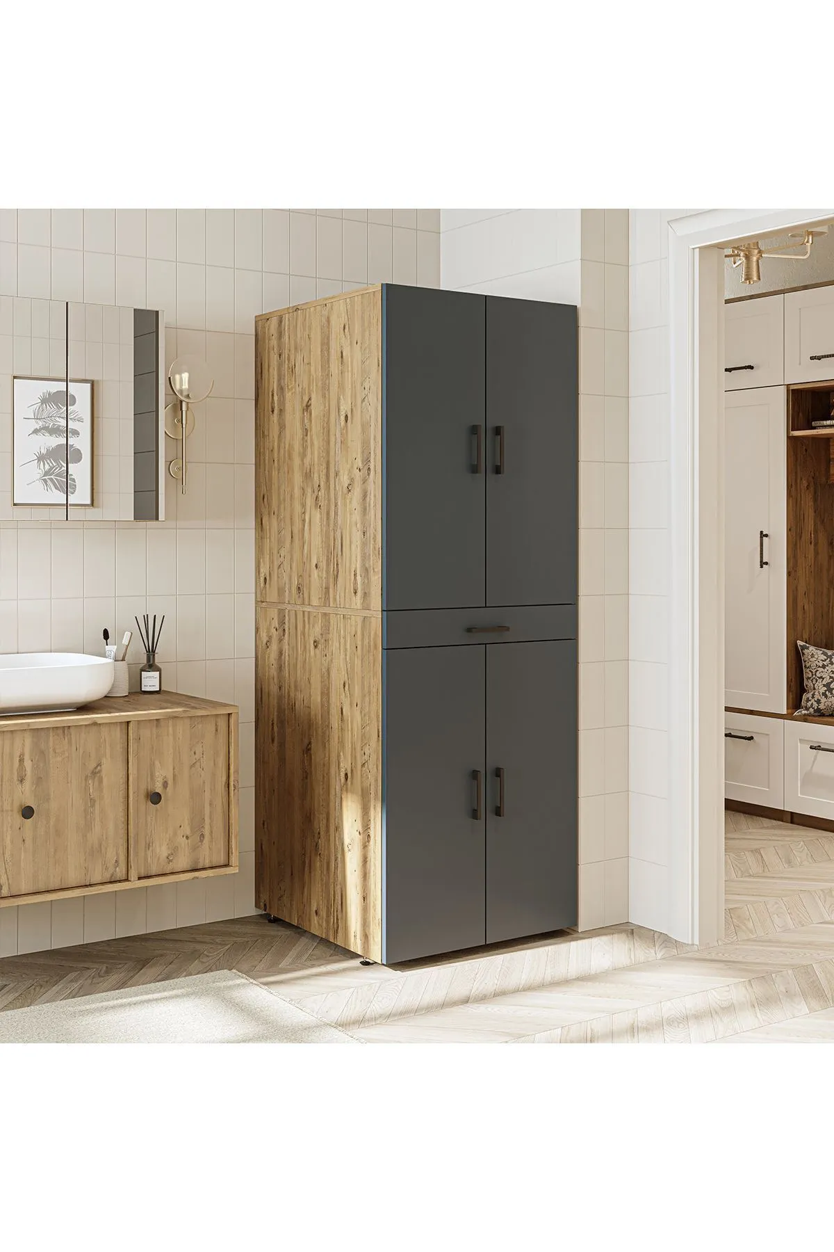 RoomArt Banyo Dolabı Kapaklı Çamaşır Ve Kurutma Makinesi Dolabı 70x185 cm Atlantik Çam - Antrasit