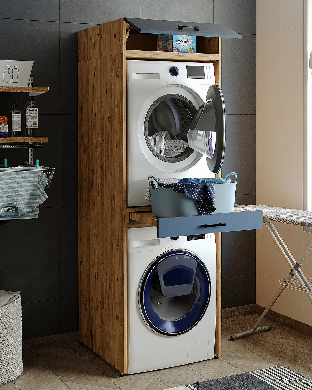 Roomart Çamaşır ve Kurutma Makinesi Dolabı + Üst Dolabı 67x205 Cm Atlantik Çam - Antrasit