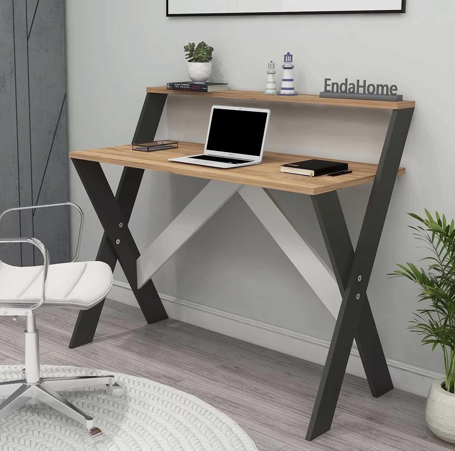 Enda Home X Ayaklı Raflı Ders Çalışma Masası 50x90 cm Antrasit - Çam