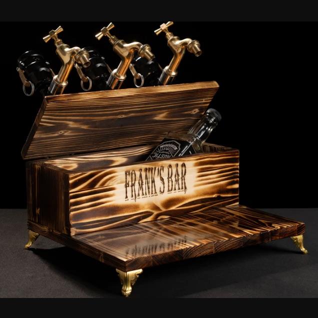 Rustik Atölye Define 3 Musluk Ahşap İçki Dağıtıcı Koyu Ceviz