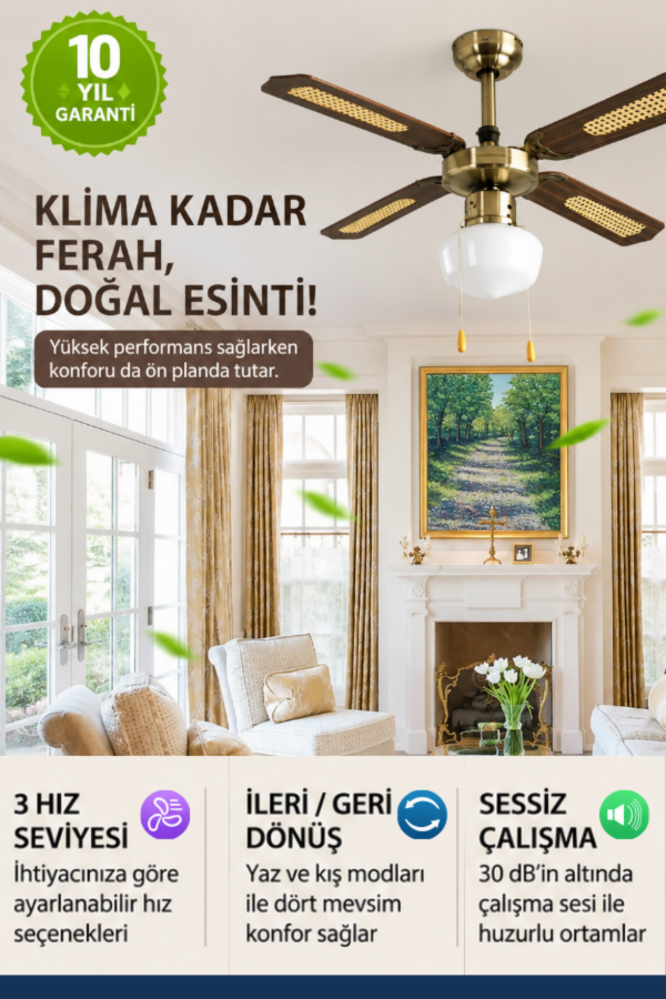 Dlc Poyraz Bakır Motor Lambalı 4 Kanatlı 107cm Tavan Vantilatörü Ahşap