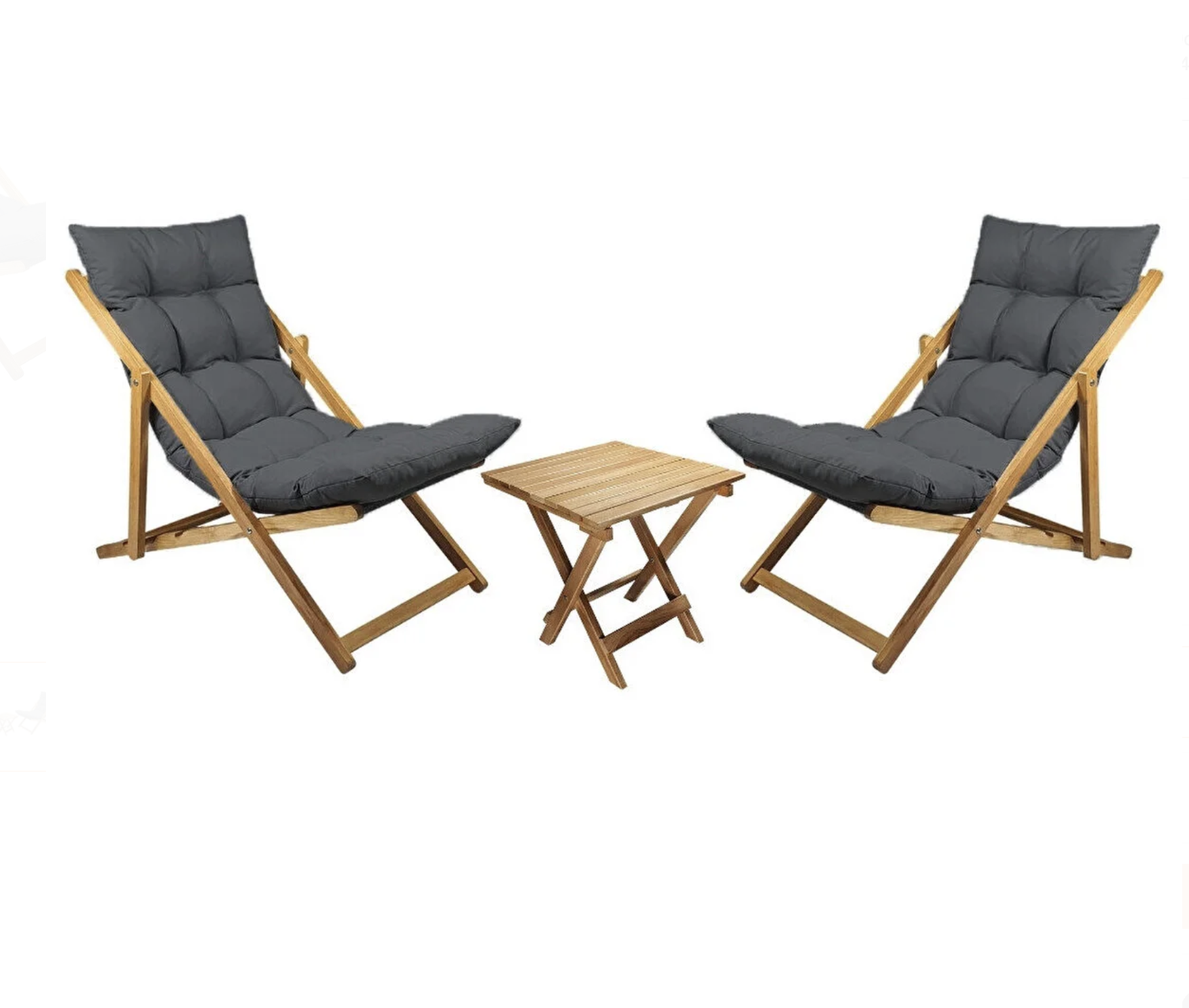 Bysay Ahşap Katlanır Taşınır Puf Minderli Şezlong Plaj Bahçe Tera Balkon İçin 3'lü Set Antrasit