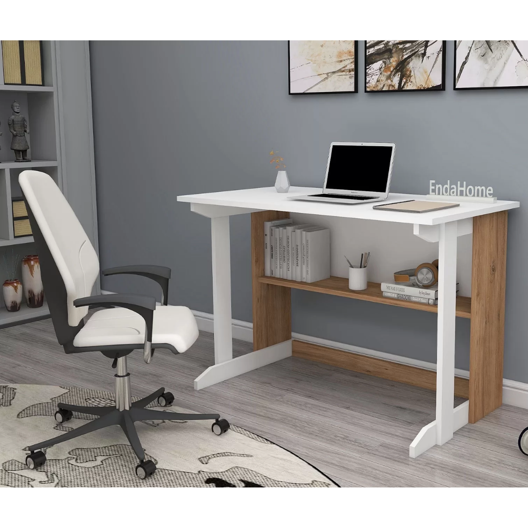 Enda Home Pillar Kütüphaneli Geniş Çalışma Masası 100x56 Cm Atlantik Çam - Beyaz