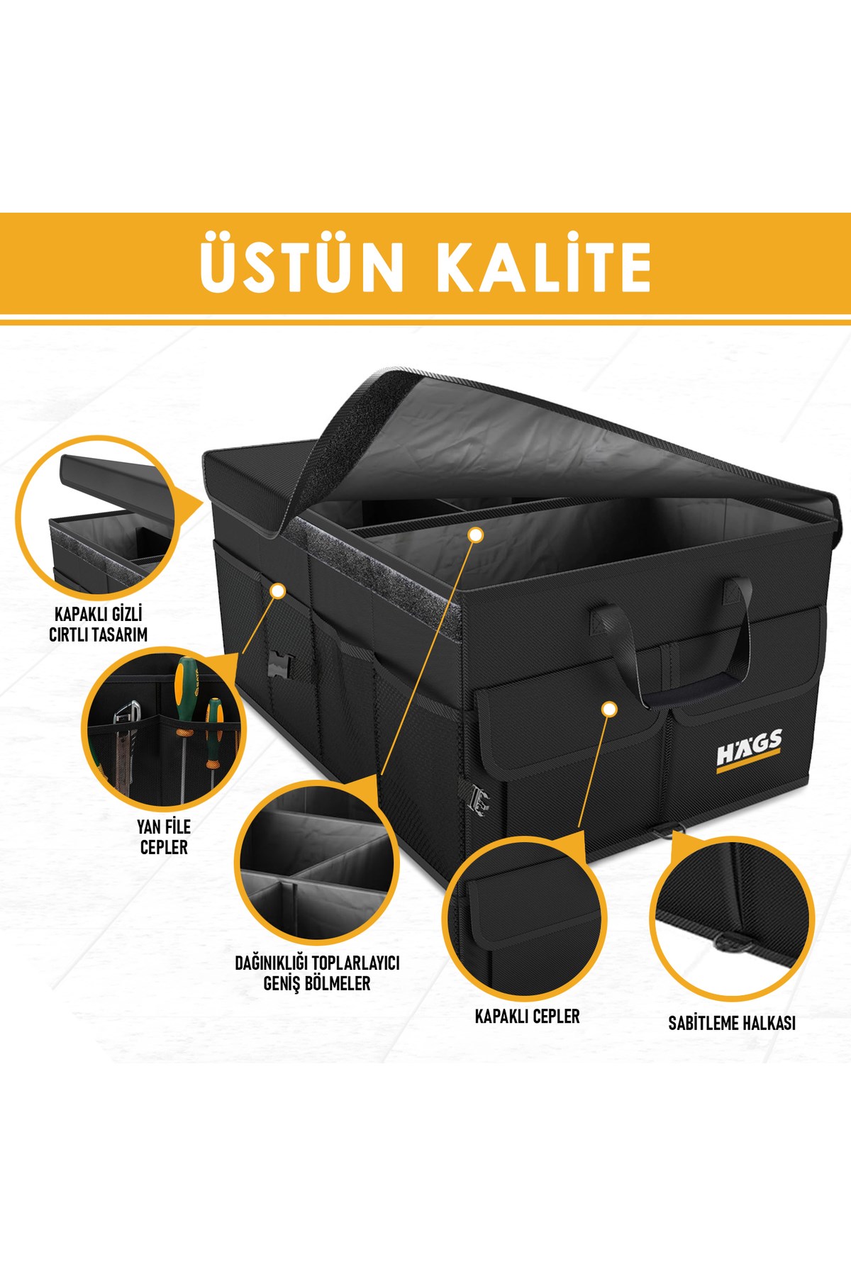 Haegs Araba Bagaj Çantası, Araç içi Düzenleyici Organizer, Katlanabilir Oto Bagaj Düzenleyici, Oto Aksesuarları, Sağlam Araba Alet Eşya Düzenleyici - 65 Lt- Gri