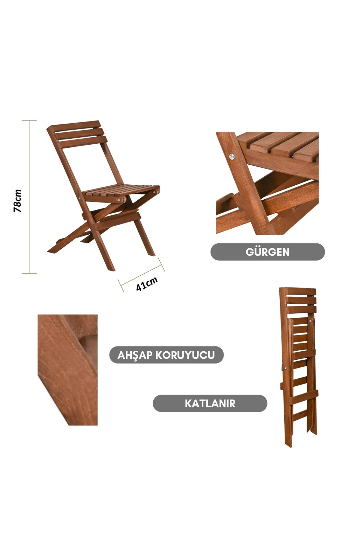 BySay Ahşap Katlanır Minderli 3'lü Bistro Set Mutfak Balkon Bahçe Masa Sandalye Seti Ceviz Krem