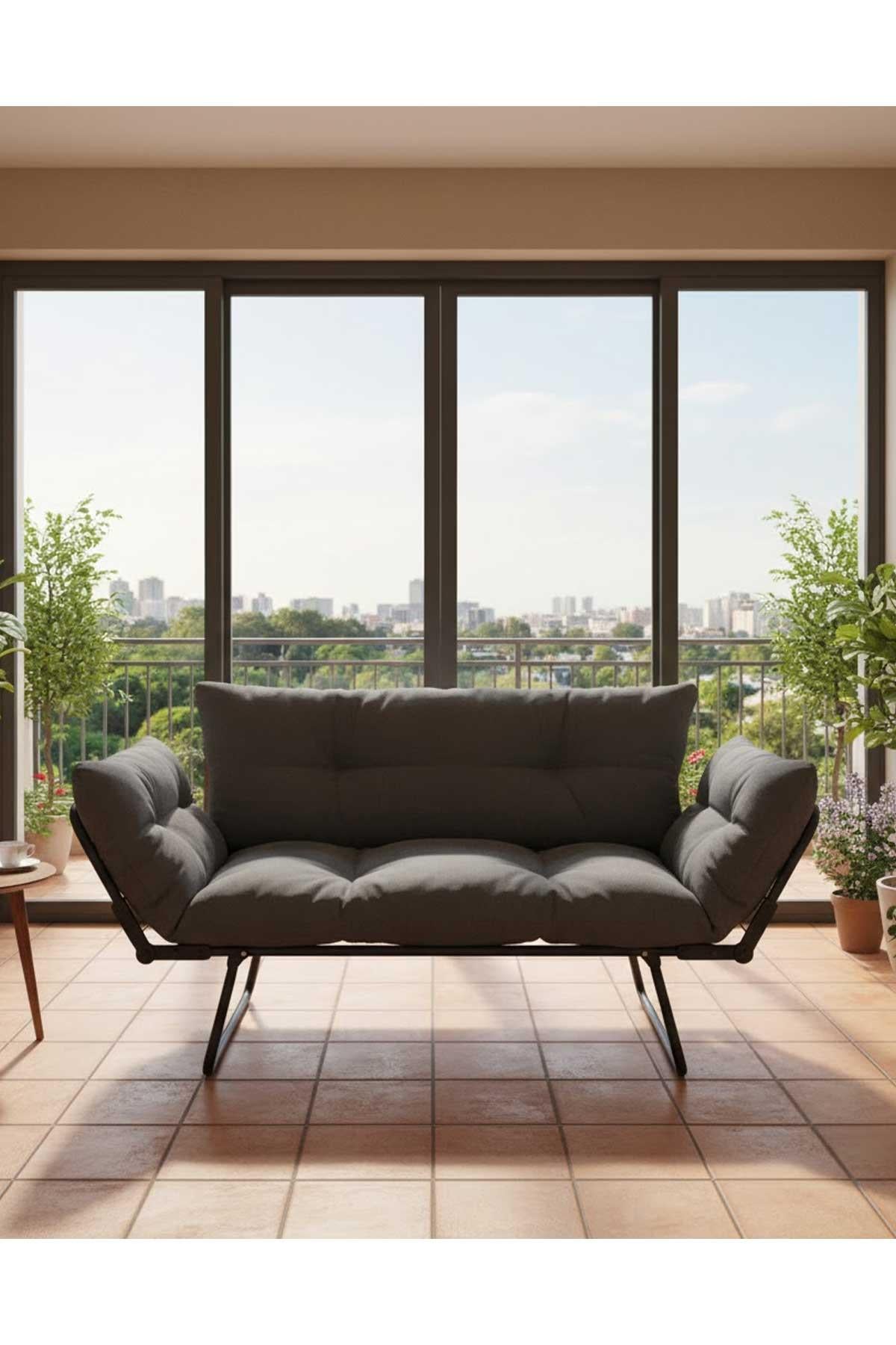 Reyo Yatak Olabilen Mekanizmalı Ikili Kanepe Kolları Açılan Yataklı Koltuk Füme