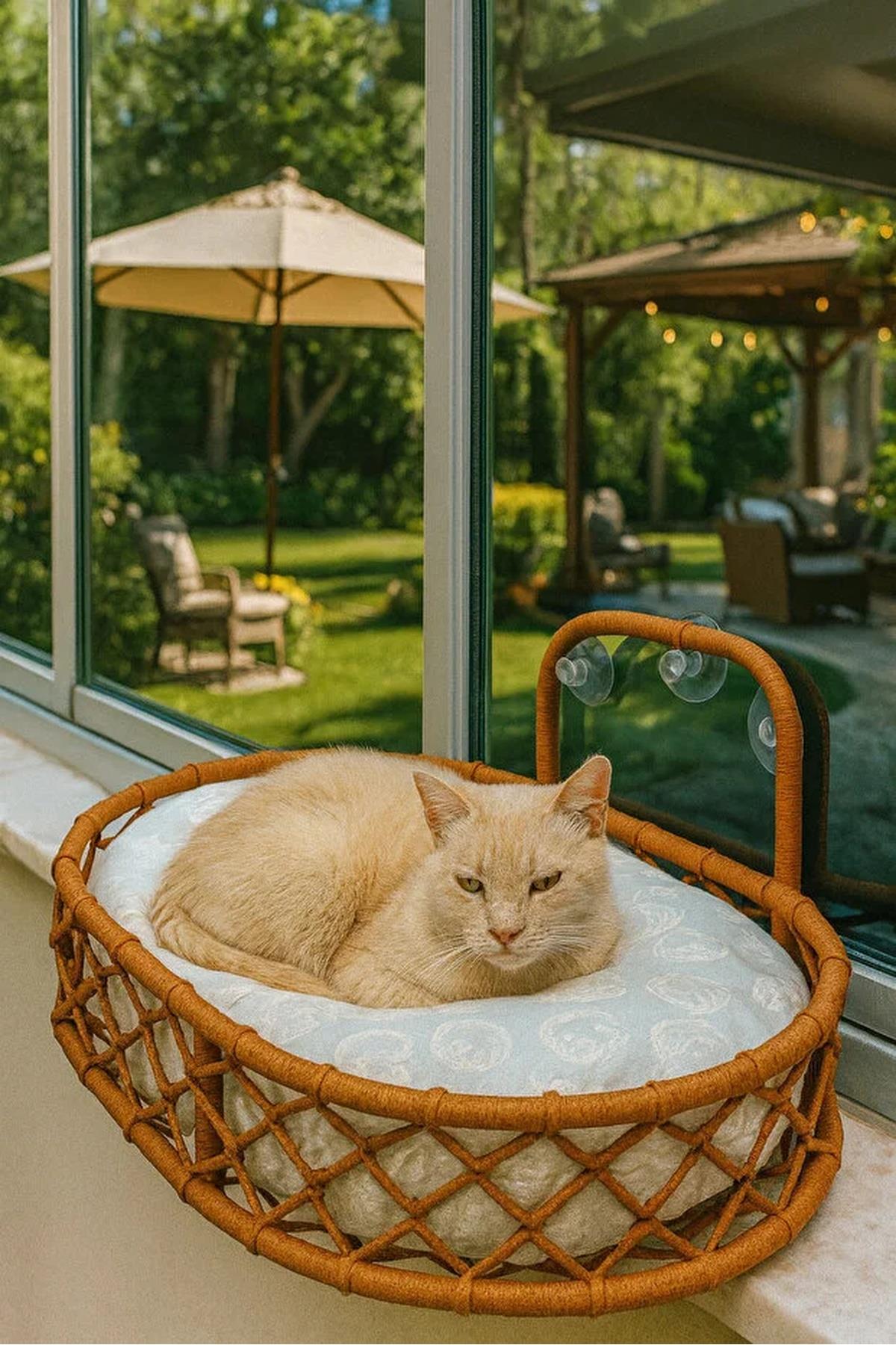 Tasaryum Kedi ve Köpek El Örgüsü Vantuzlu Cam Yatağı Hamak Kahverengi