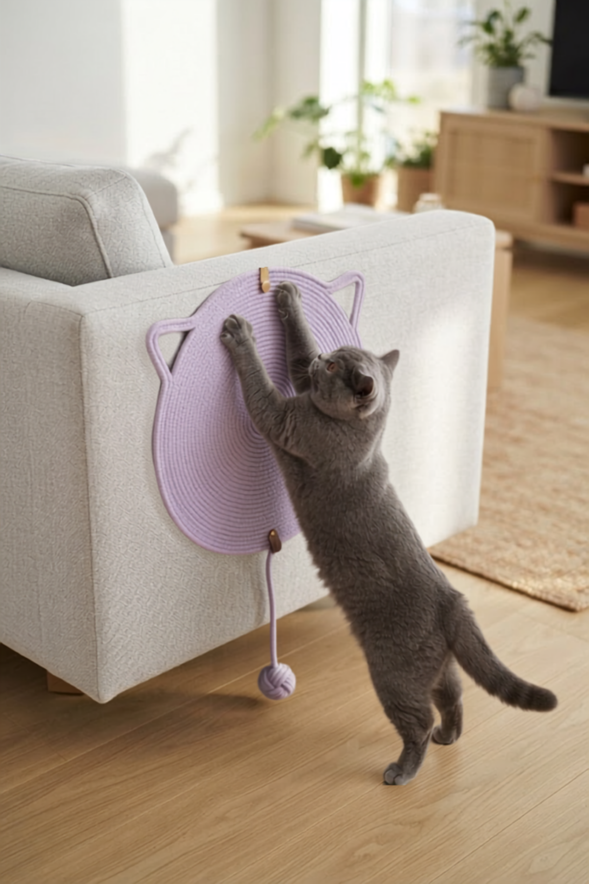 Reyo Pet El Yapımı Oyuncaklı Kedi Tırmalama Matı %100 Pamuk İpli Lila