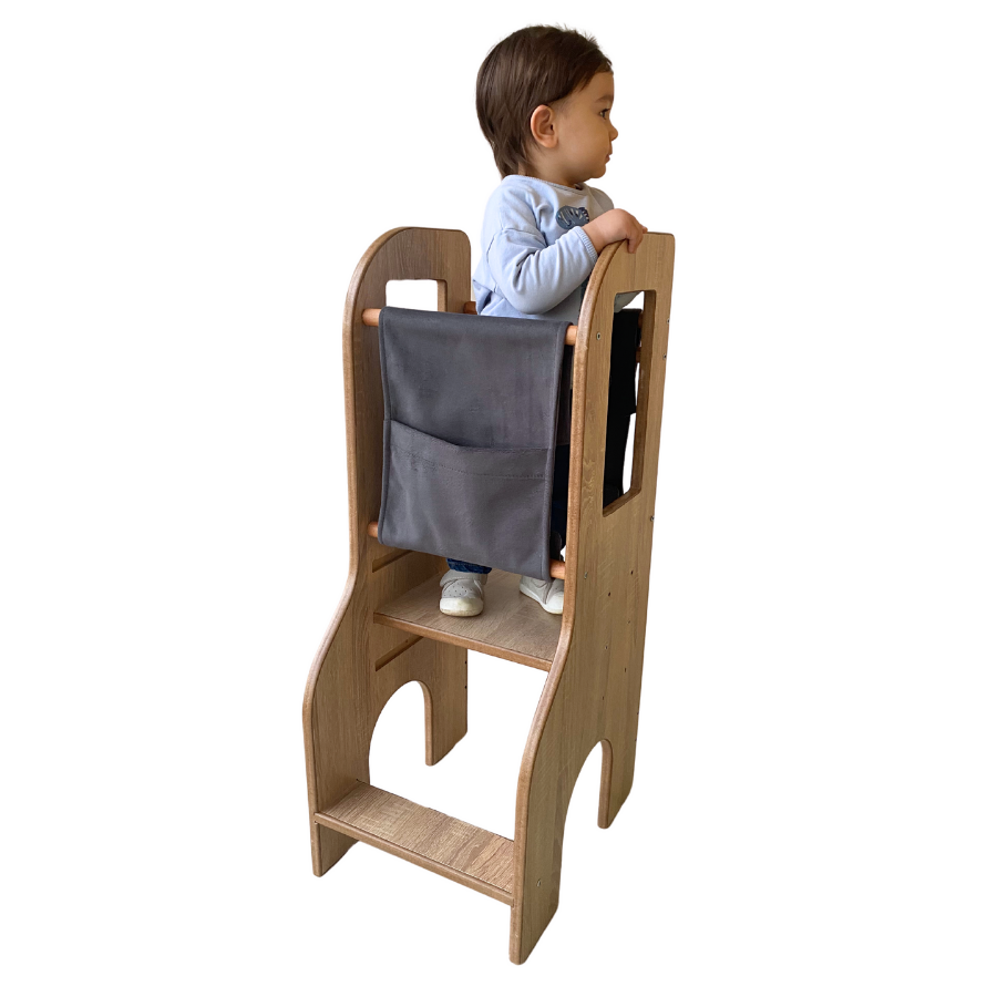 Reyo Öğrenme Kulesi, Montessori Tower, Aktivite Basamağı Yükseklik Ayarlı Naturel MDF Antrasit