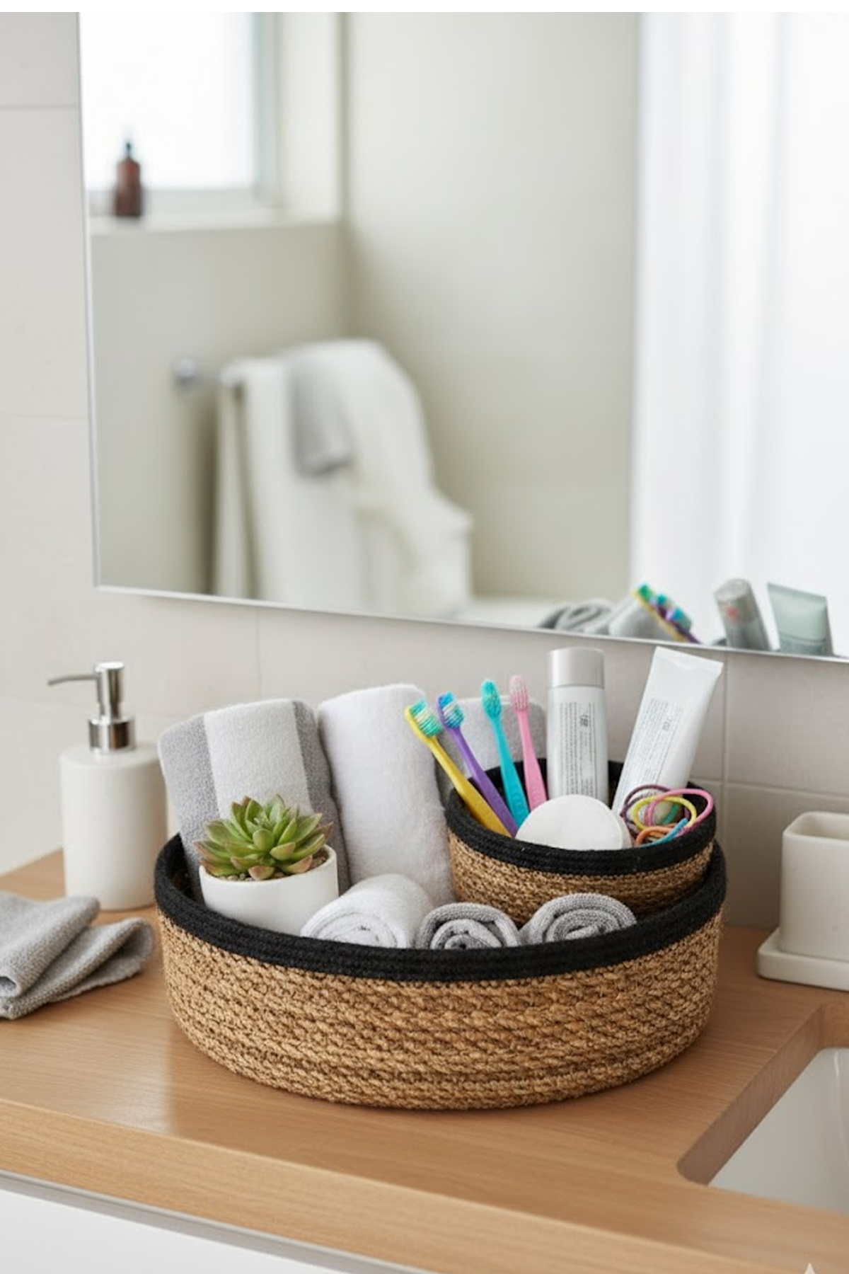 Reyo Home Dekoratif Doğal El Örmesi Hasır Yuvarlak 3'lü Sepet, Havluluk, Banyo Organizer Siyah