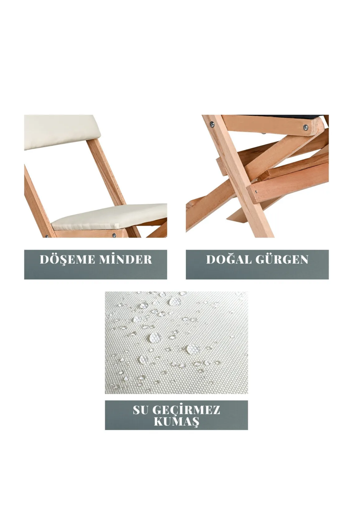 BySay Ahşap Katlanır Döşeme Minderli 3'lü Bistro Set Bahçe Takımı Naturel Krem