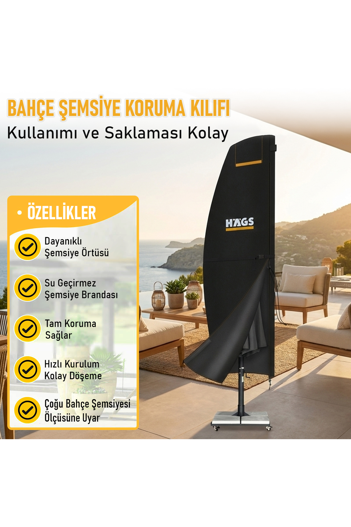 Haegs Bahçe Şemsiye Kılıfı, Veranda Parasol Konsol Şemsiyesi Brandası, Koruma Örtüsü, Su Geçirmez, Hava Koşullarına Dayanıklı Bahçe Gölgelik Güneşlik Örtüsü (175 x 32/37 cm) Siyah