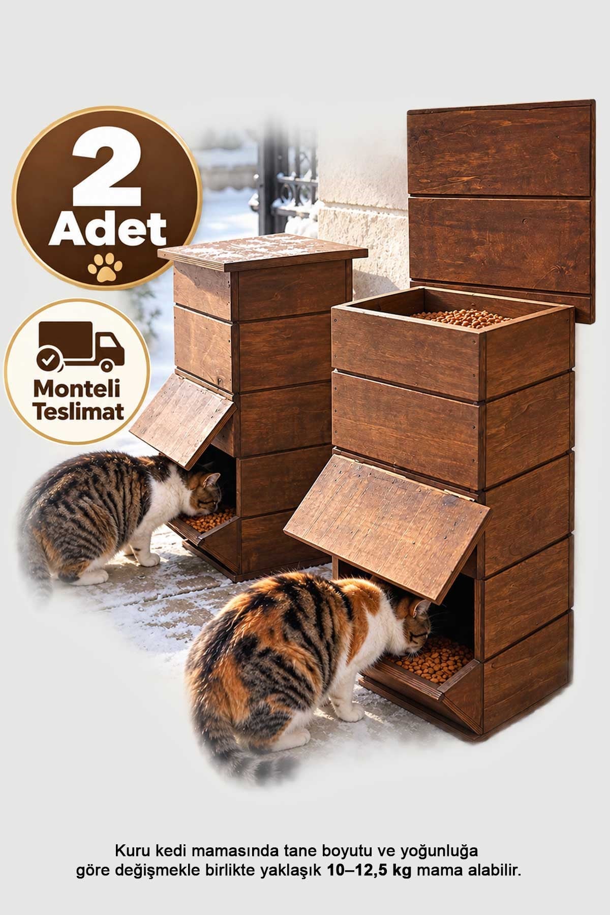 Reyo 2 Adet Ahşap Ceviz Cilalı Mama İstasyonu, Yağmura ve Rüzgara Dayanıklı Uzun Ömürlü Sokak Kedileri İçin Mama Kabı 50x25x25 cm MLDCAT (Monteli Teslimat)