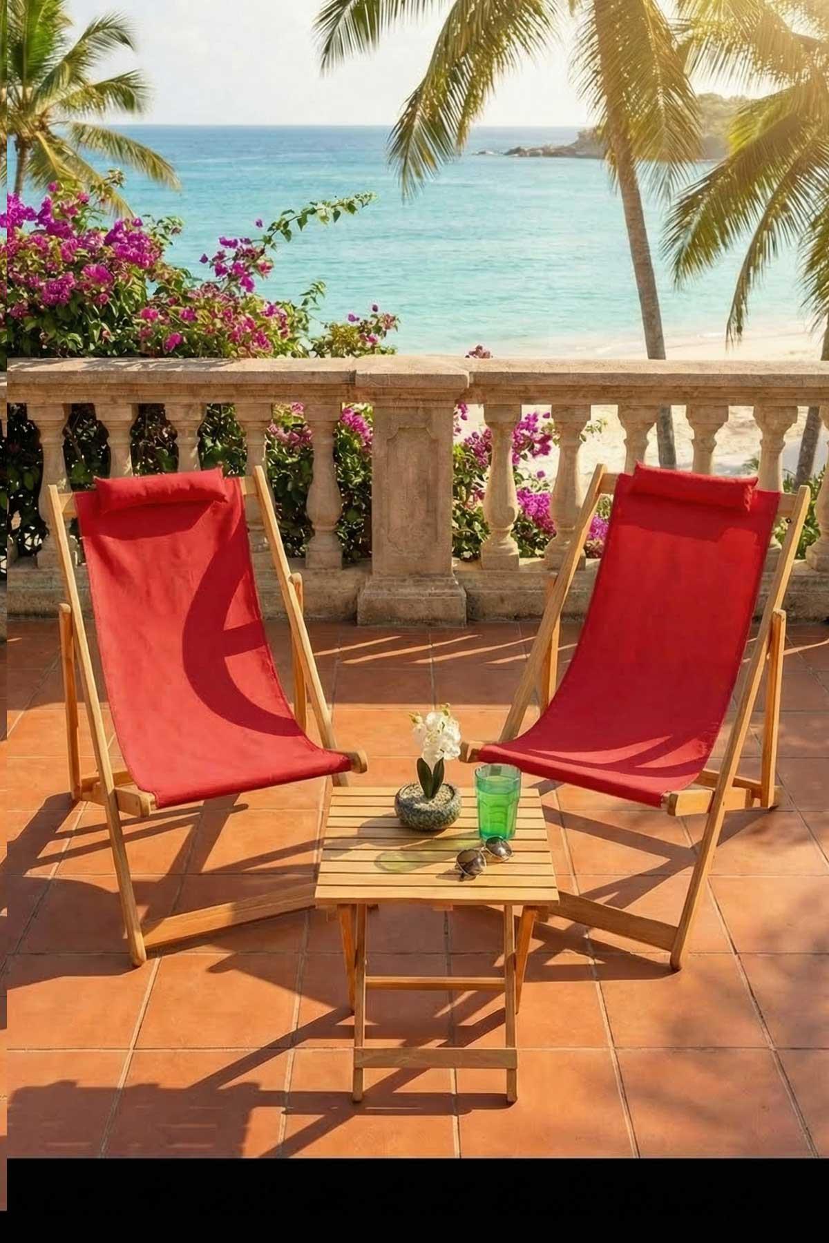 Bysay Ahşap Katlanabilir Taşinır Şezlong Plaj Bahçe Teras Balkon Sandalyesi 3'lü Takım Kırmızı