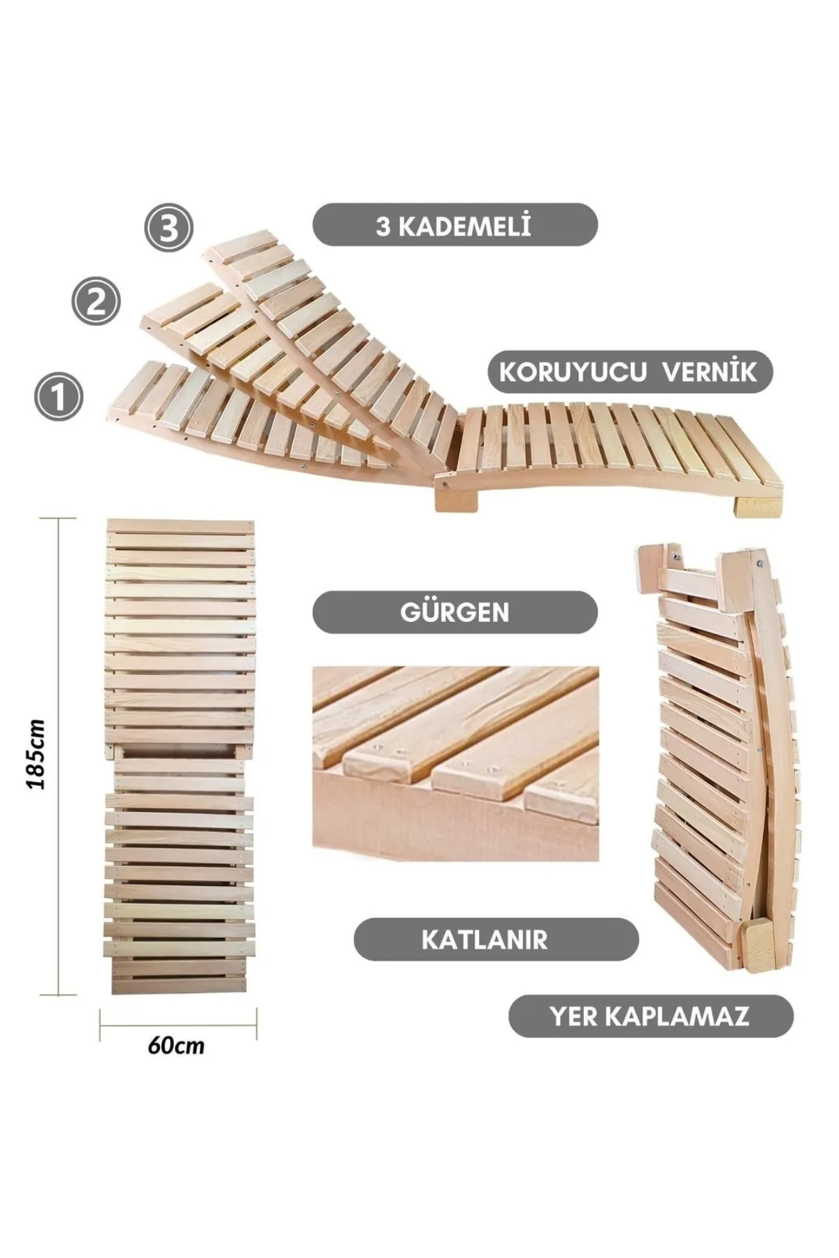 Bysay Ahşap Katlanabilir Yatar Şezlong 3 Kademe Plaj Yatağı Minder Dahil Naturel-Gri