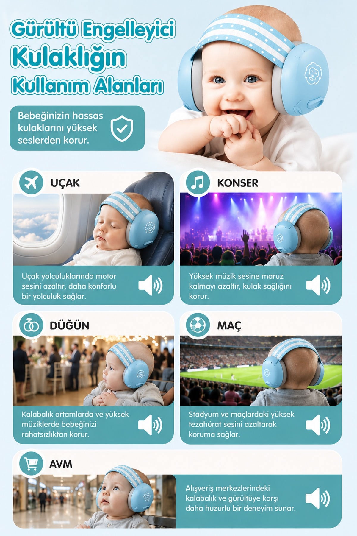 Reyo Bebek Gürültü Önleyici Kulaklık, İşitme Koruyucu Bebek Kulaklığı, Konser, Uçak, Seyahat, Düğün ve Maç İçin Gürültü Azaltıcı Bebek Kulaklığı 0-4 Yaş Mavi