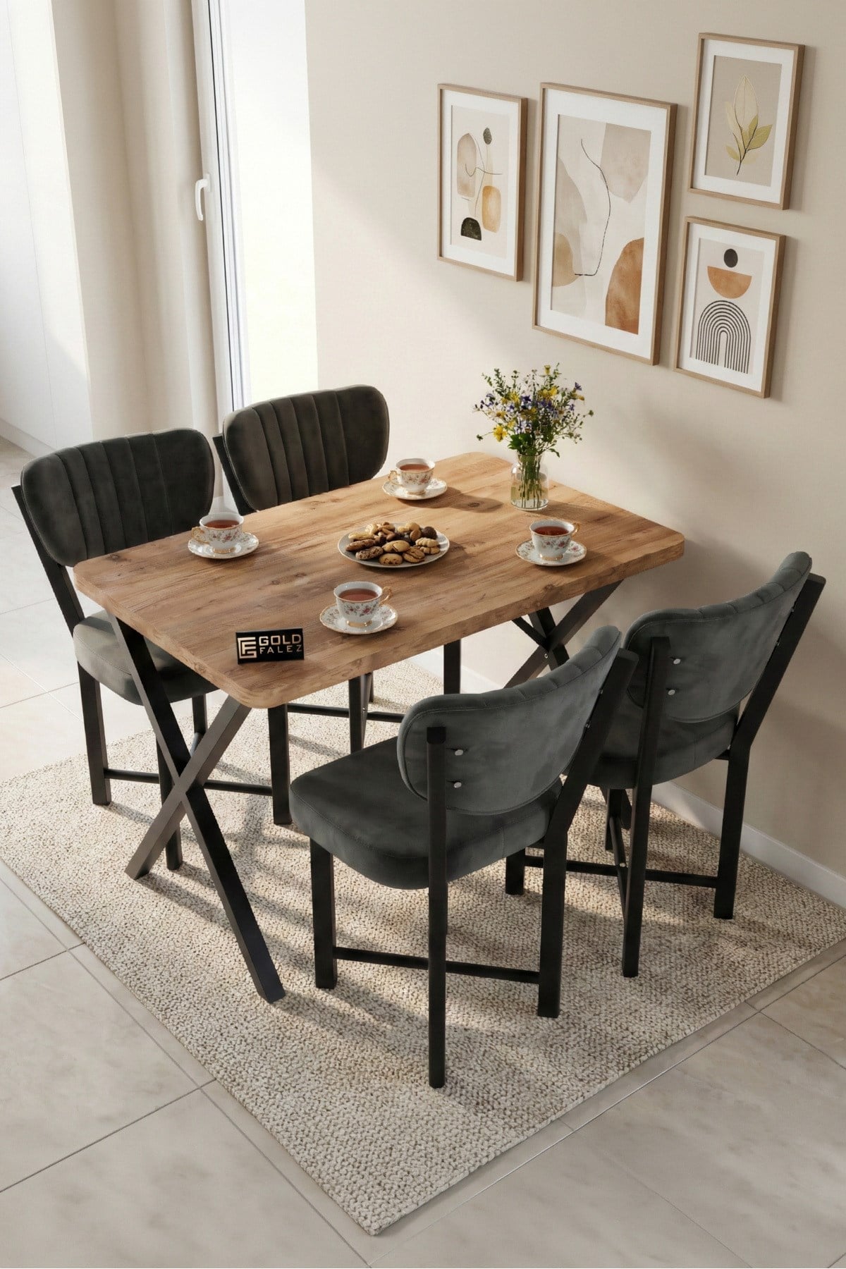 Reyo Falez Elma 110x70 cm Masa Takımı 4 Sandalyeli Modern Mutfak Balkon Kafe Yemek Masası Seti Atlantik Çam - Antrasit 9885