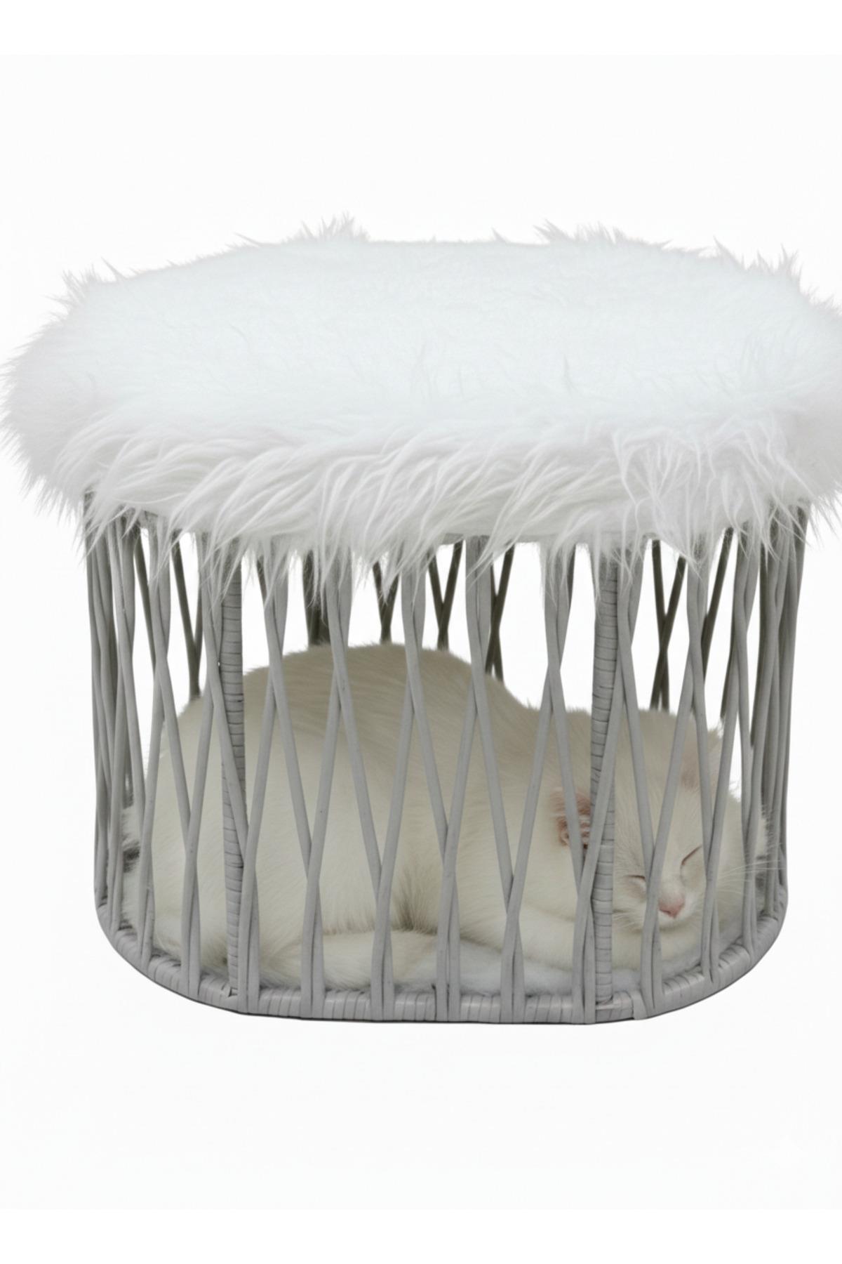 Tasaryum Peluş Oval Puf - 2'si 1 Arada Makyaj Taburesi ve Konforlu Kedi Yatağı, Kedi Ranzası - Açık Gri