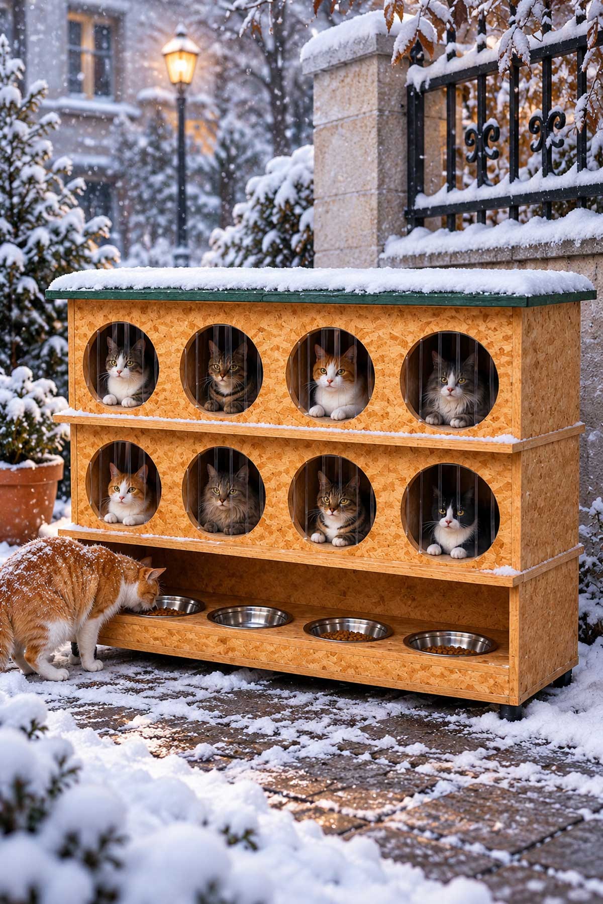 Narım 8 Bölmeli Sokak Kedileri İçin Kedi Evi, 4'lü Kedi Mama ve Su Kabı Standı, OSB Ahşap Yağmur Geçirmez Membran Kaplı Kedi Barınağı (Monteli Teslimat)