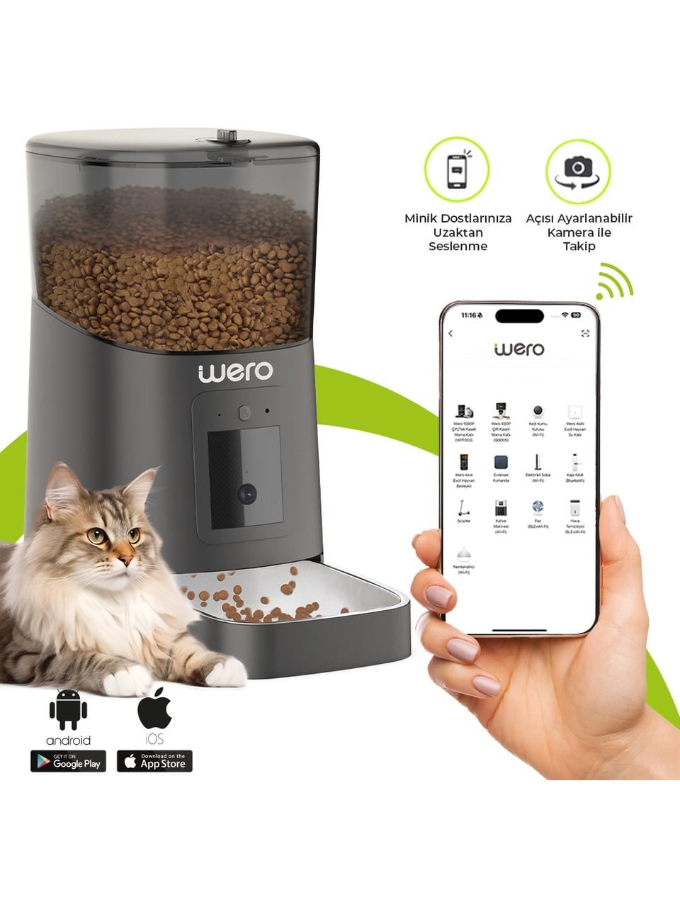 Wero Smart Pet Feeder 1080p HD Ayarlanabilir Kameralı 6 lt Kedi Köpek Besleyici Siyah