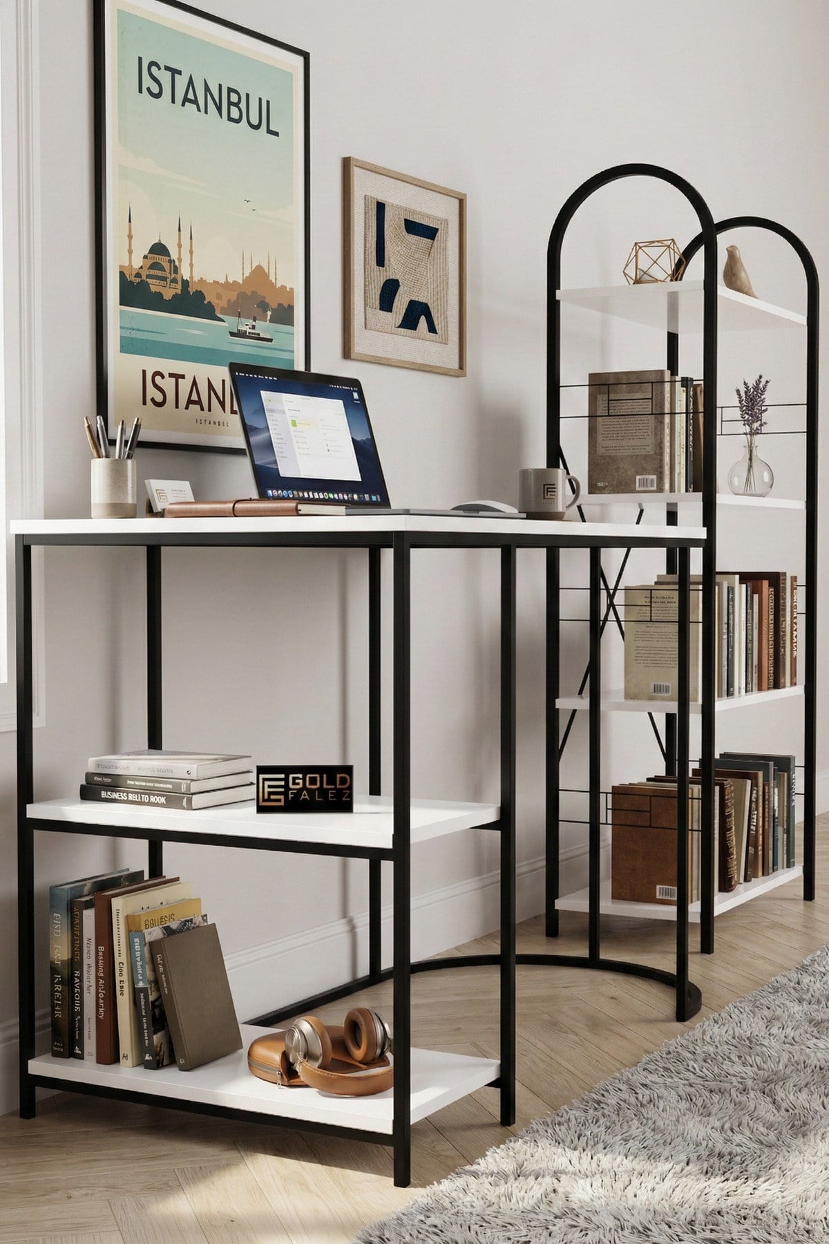 Reyo Falez Çalışma Masası ve Kitaplık Seti Metal Ayaklı,Minimalist Tasarım,Geniş Masa Alanı,Çok Raflı Beyaz