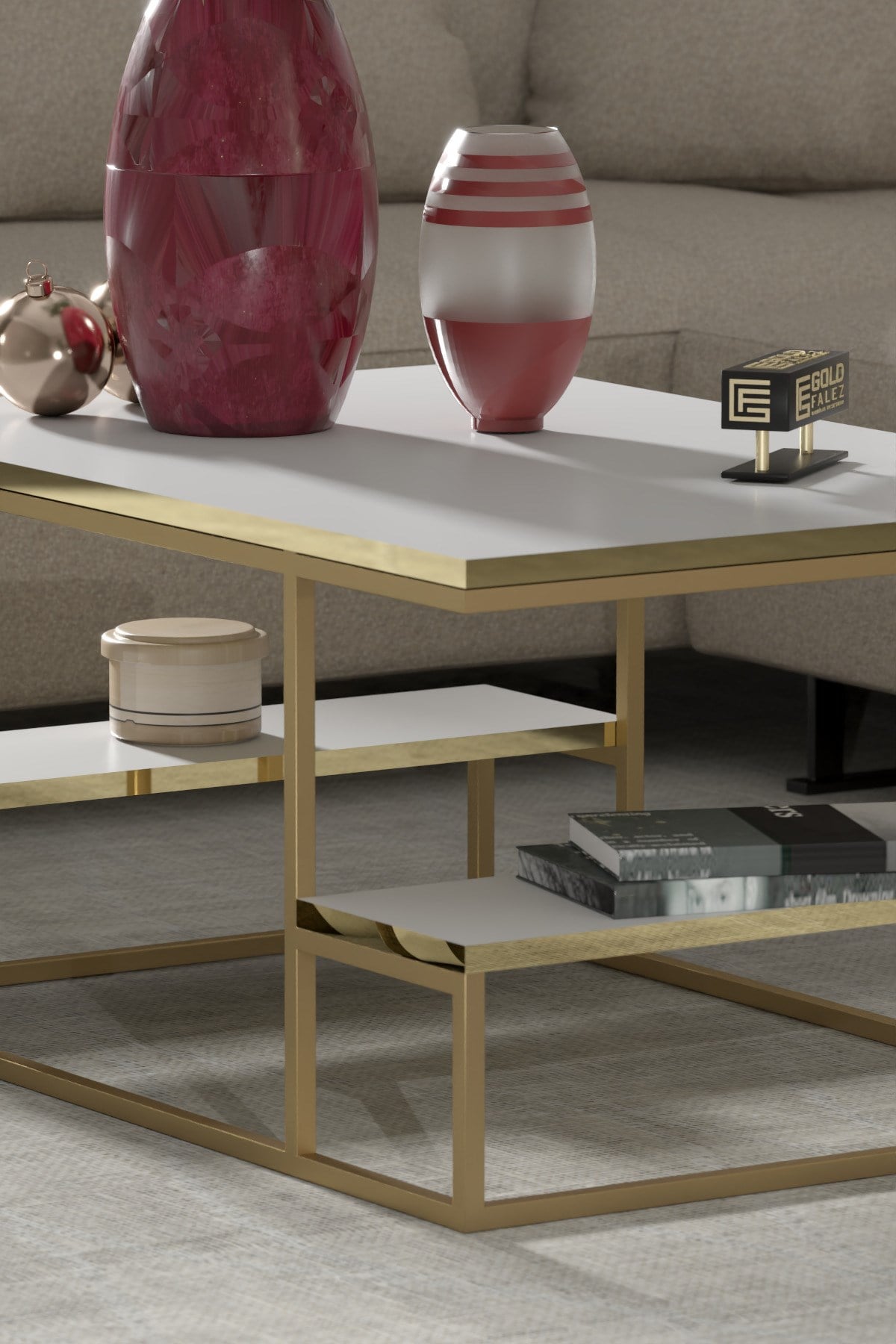 Reyo Falez Deluxe Raflı Orta Sehpa 60x90 cm Modern Dikdörtgen Orta Sehpa Gold Beyaz 