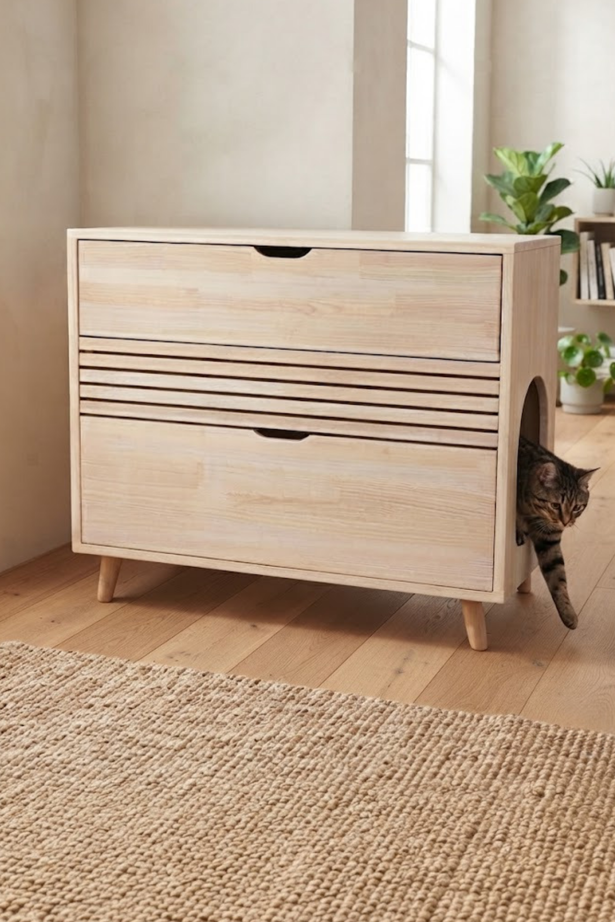Reyo Pet Soft Tek Çekmeceli Kapalı Kedi Tuvaleti Dolabı – Masif Ahşap, Kapalı Kedi Tuvaleti