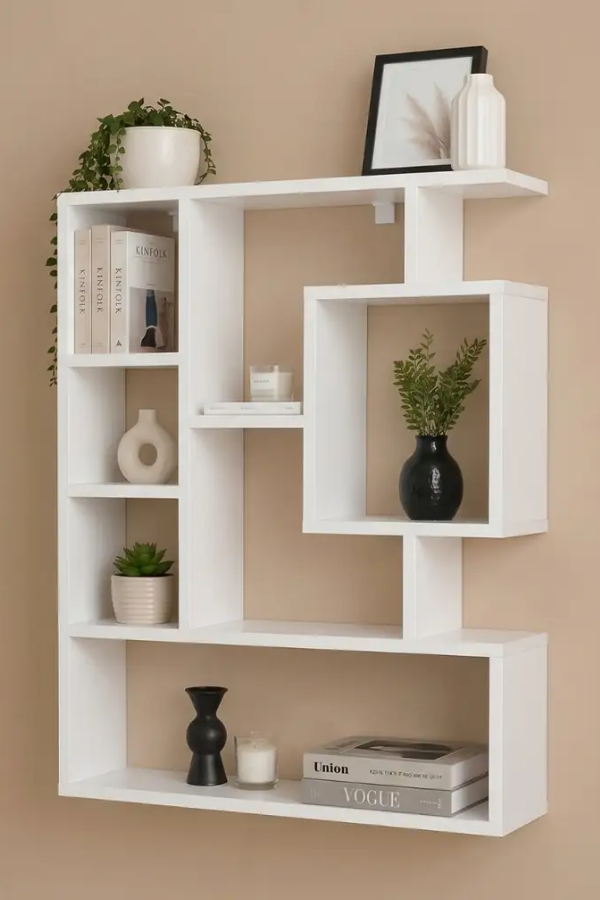 Enda Home Bigane Büyük Dekoratif Duvar Rafı 70,9 × 93,6 cm, Asimetrik Çok Bölmeli Duvara Monte Raf - Mat Beyaz