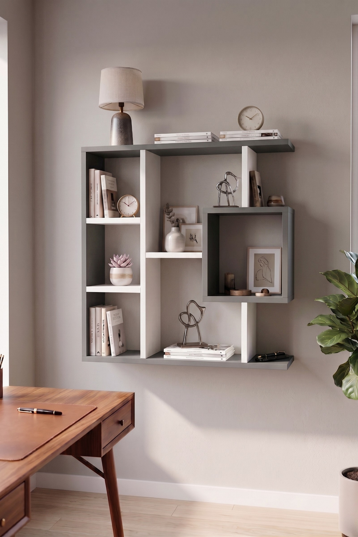 Enda Home Yegane Duvar Rafı, Duvar Kitaplığı, Dekoratif Kitaplık, Modern Kitaplık, Zeminde veya Duvarda Kullanıma Uygun Beyaz - Antrasit