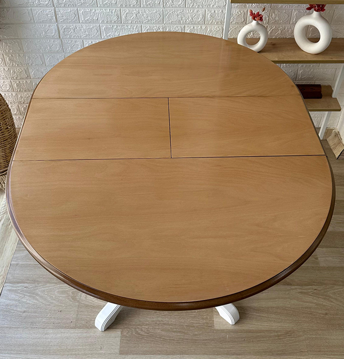 Reyo 100cm Açılır Yuvarlak Baba Ayaklı Masa Beyaz-Naturel