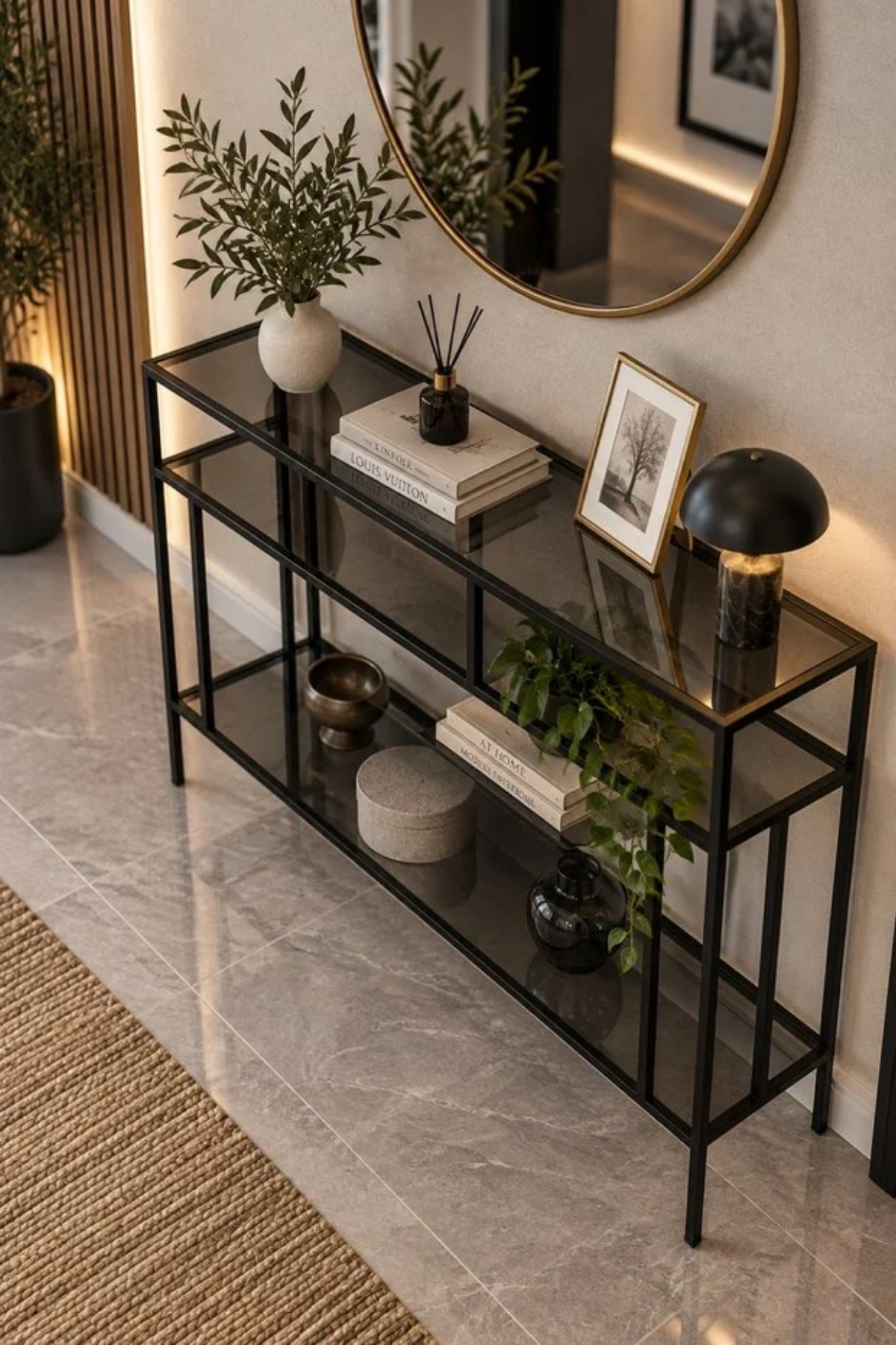 Reyo Mondrian Siyah Çerçeveli Füme Camlı Modern Salon Konsolu