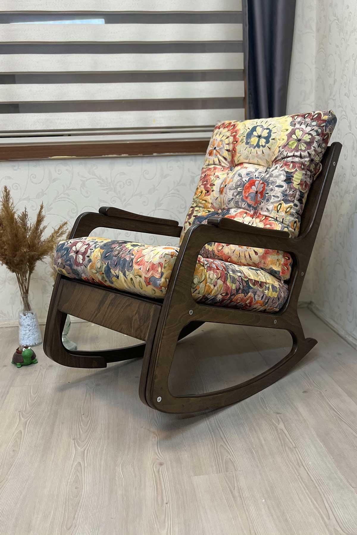 Asedia Kontes Ceviz Çiçek Desenli Dolgu Minderli Sallanan Sandalye Dinlenme Koltuğu Baba Koltuğu