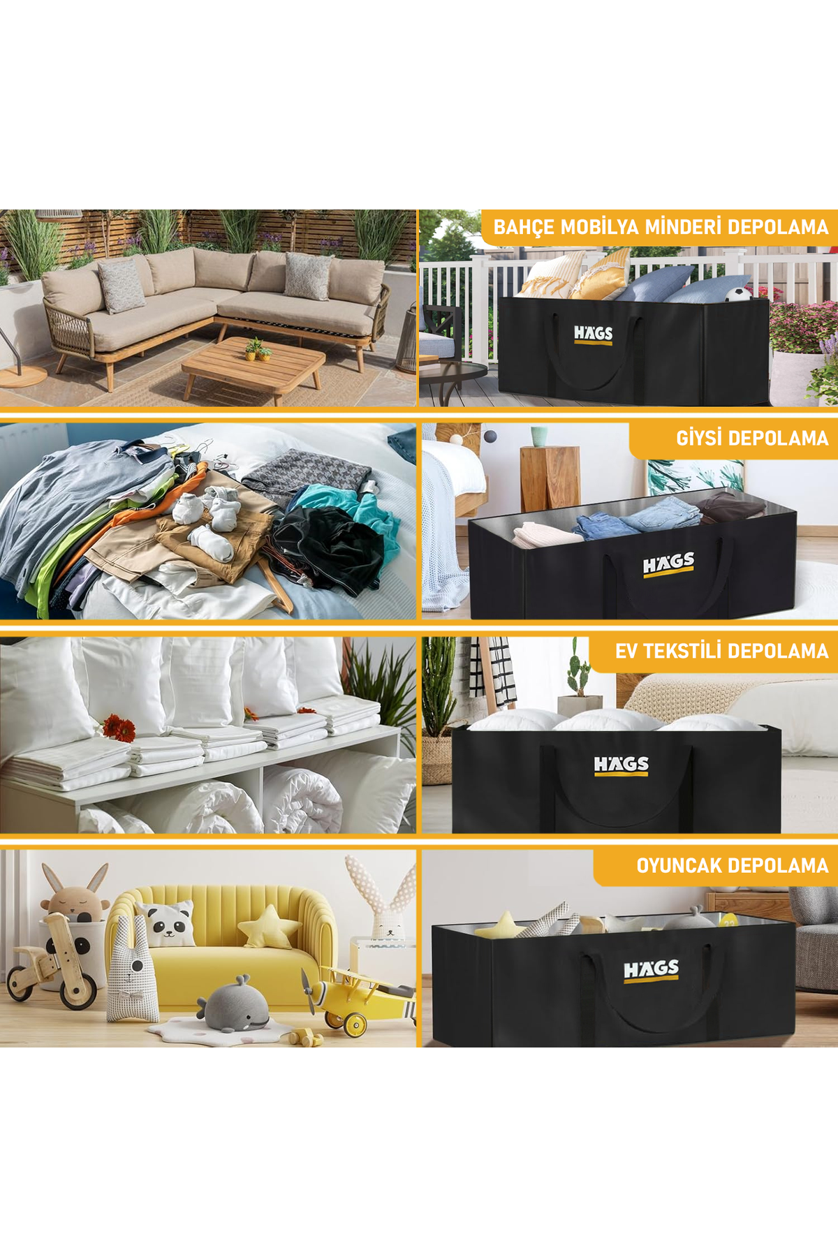 HAEGS Bahçe Mobilya Yastığı, Minderi Saklama Çantası Hurç, Yatak, Yorgan, Yastık Organizer, Düzenleyici, Depolama Hurcu, Çantası, Extra Büyük Battal Boy - 725 Lt Siyah