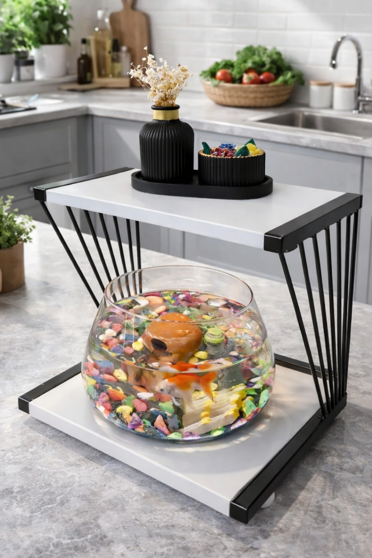 Reyo OK-AY Store Exclusive Işıklı Beta Akvaryum ve Fanus Modern Tasarım LED Aydınlatmalı Modern Temalı Fanus Siyah-Beyaz