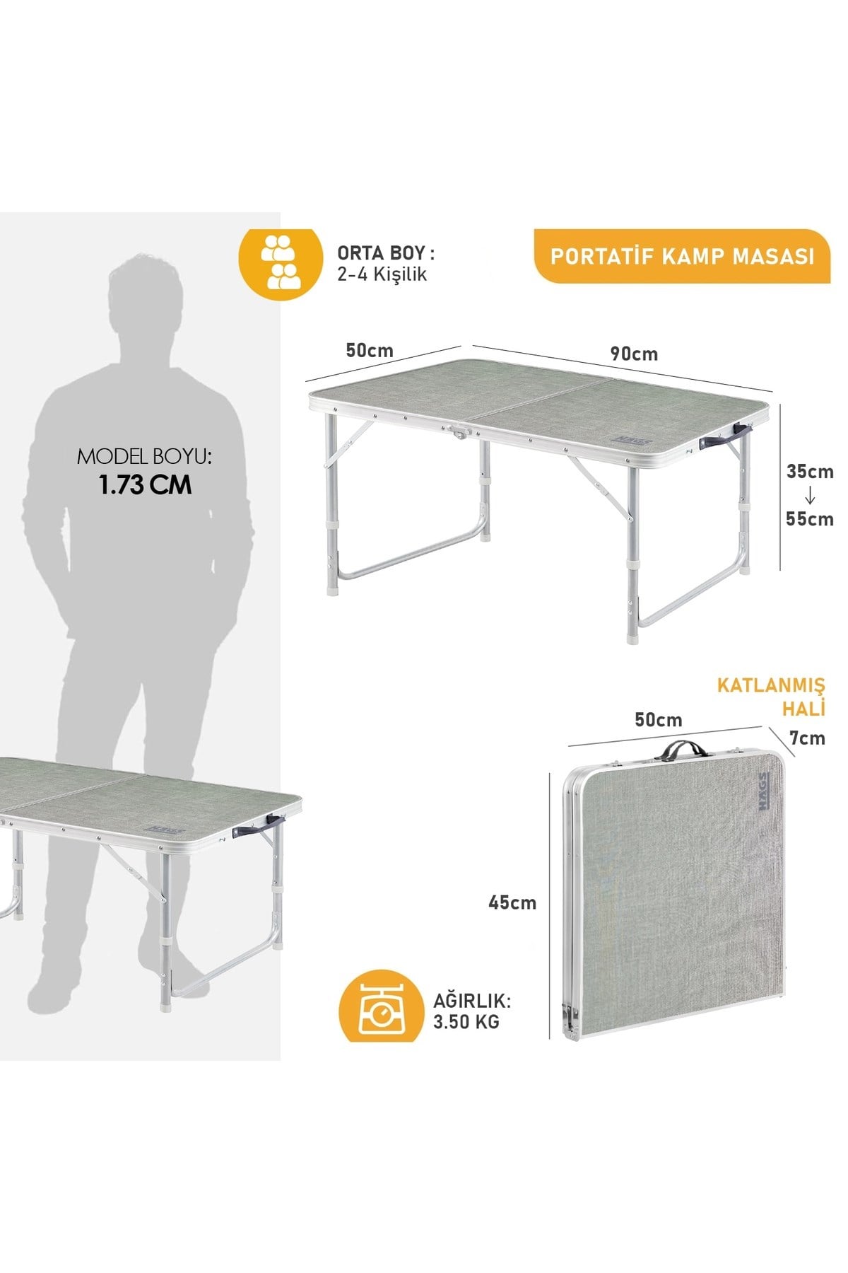 Haegs Portatif Kamp Masası, 2 Yükseklik Ayarlı, Katlanır Piknik Masası, Kolay Taşınabilir Alüminyum Masa 90x50 - Hareli Ceviz