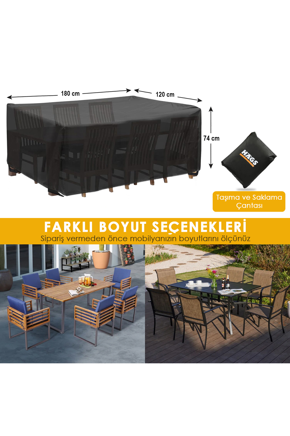 Haegs Bahçe Mobilyası Örtüsü, 180-120-74cm, Ağır Hizmet Oxford Kumaş, Su Geçirmez, Dış Mekan Veranda Masa Örtüsü, Havalandırmalı Masa ve Sandalye Koruma Kılıfı - Gri