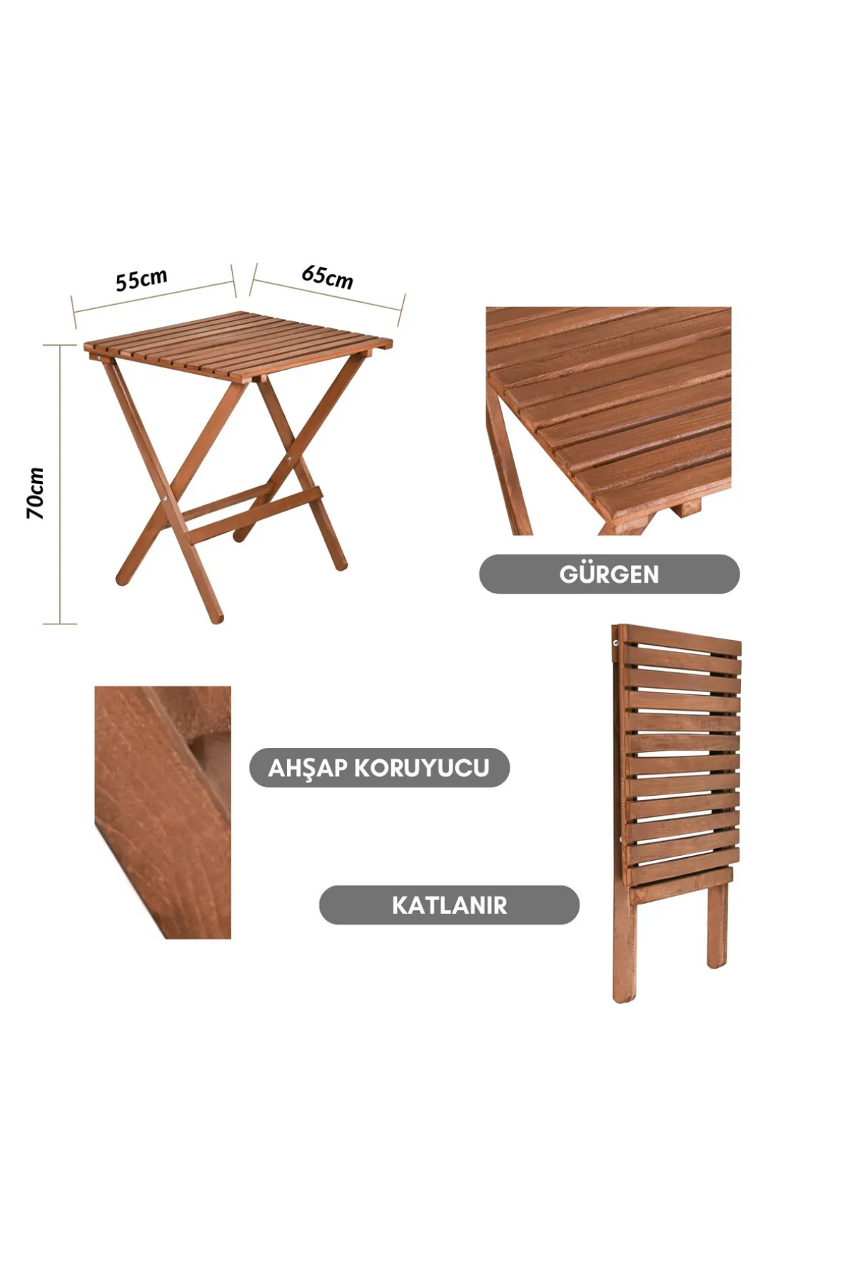 BySay Ahşap Katlanır Minderli 3'lü Bistro Set Mutfak Balkon Bahçe Masa Sandalye Seti Ceviz Krem