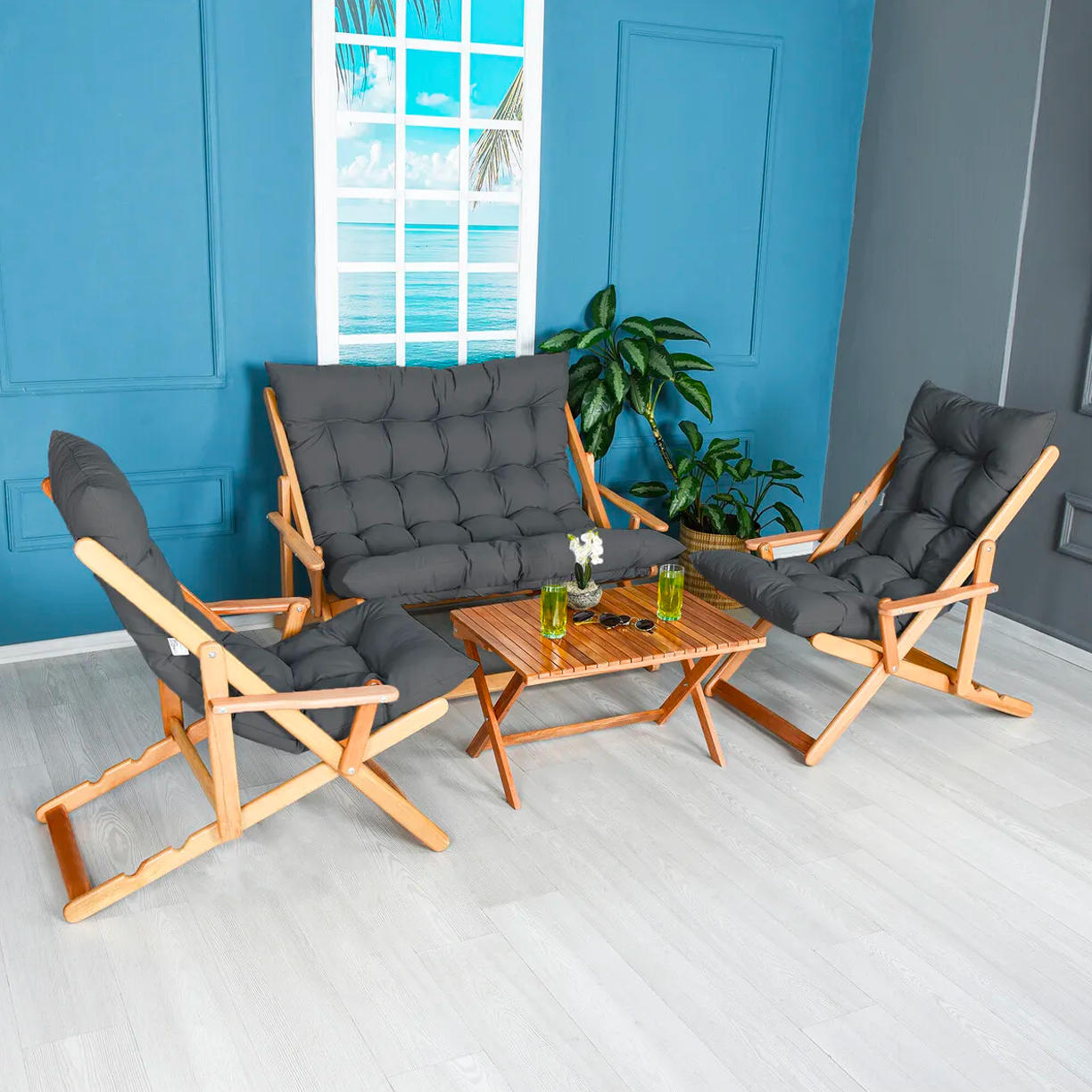 Bysay Ahşap Katlanabilir Taşinir Puf Minderli Kollu Şezlong Plaj Bahçe Teras Balkon Sandalyesi Koltuğu Takimi 4 Lü Set Antrasit