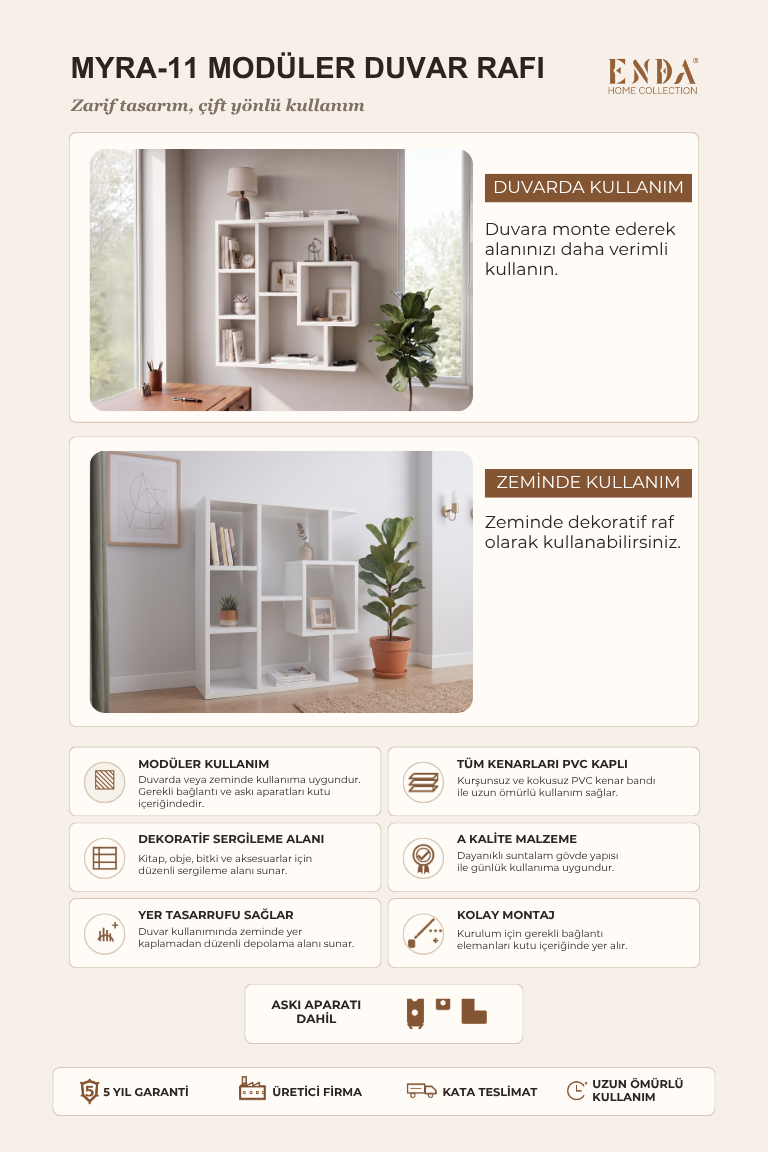Enda Home Yegane Duvar Rafı, Duvar Kitaplığı, Dekoratif Kitaplık, Modern Kitaplık, Zeminde veya Duvarda Kullanıma Uygun Beyaz