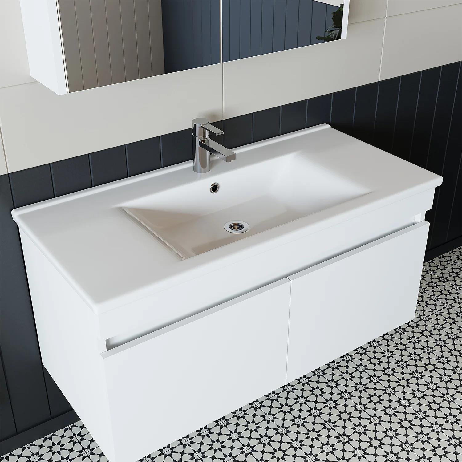 Roomart Al3 Ayaksız 2 Kapaklı Lavabolu Mdf 65 Cm Banyo Dolabı Aynalı Üst Dolabı Atlas Çam-Beyaz