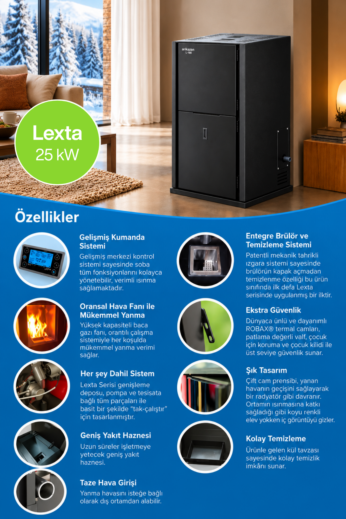 Arıkazan Lexta 25B 25kW Peletli Kalorifer Sobası