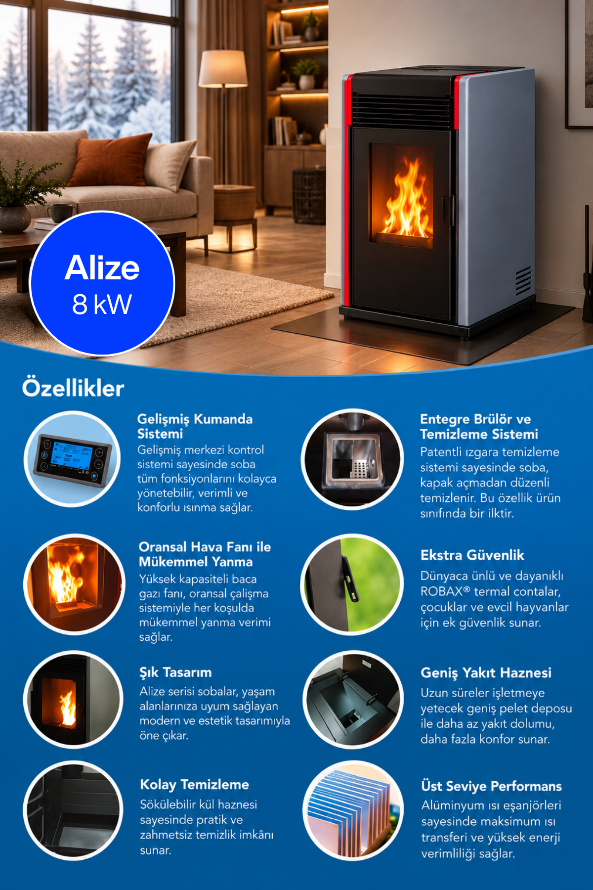 Arıkazan Alize 8kW Yeni Nesil Peletli Sıcak Hava Sobası Kuru Üflemeli Pelet Şömine