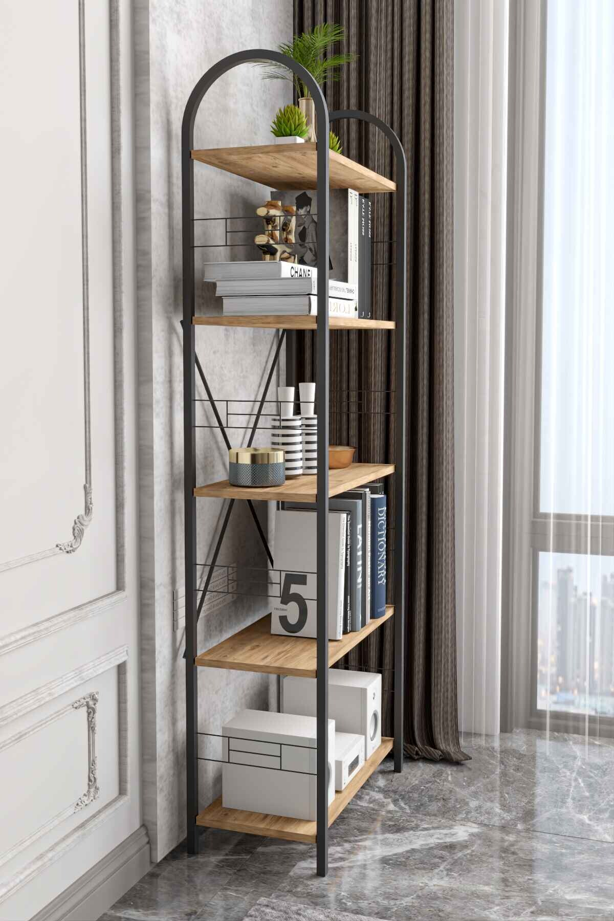 Reyo Falez 5 Geniş Raflı Kitaplık Metal Çerçeveli Modern Raf Çalışma Odası Ofis Salon Kitaplığı Evrak Rafı 180 cm Atlantik Çam