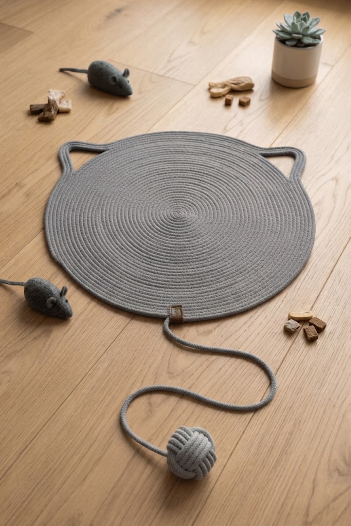 Reyo Pet El Yapımı Oyuncaklı Kedi Tırmalama Matı %100 Pamuk İpli Gri