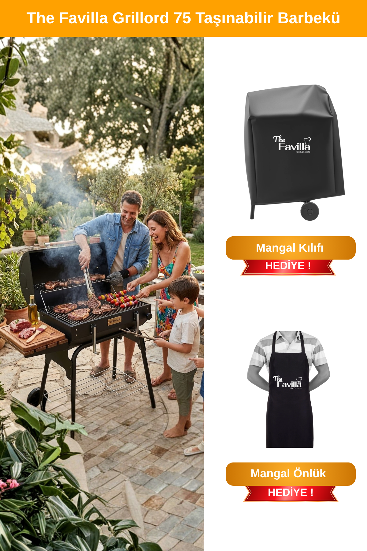 The Favilla Grillord 75 Standlı Taşınabilir Barbekü Mangal-Önlük Kılıf Hediye