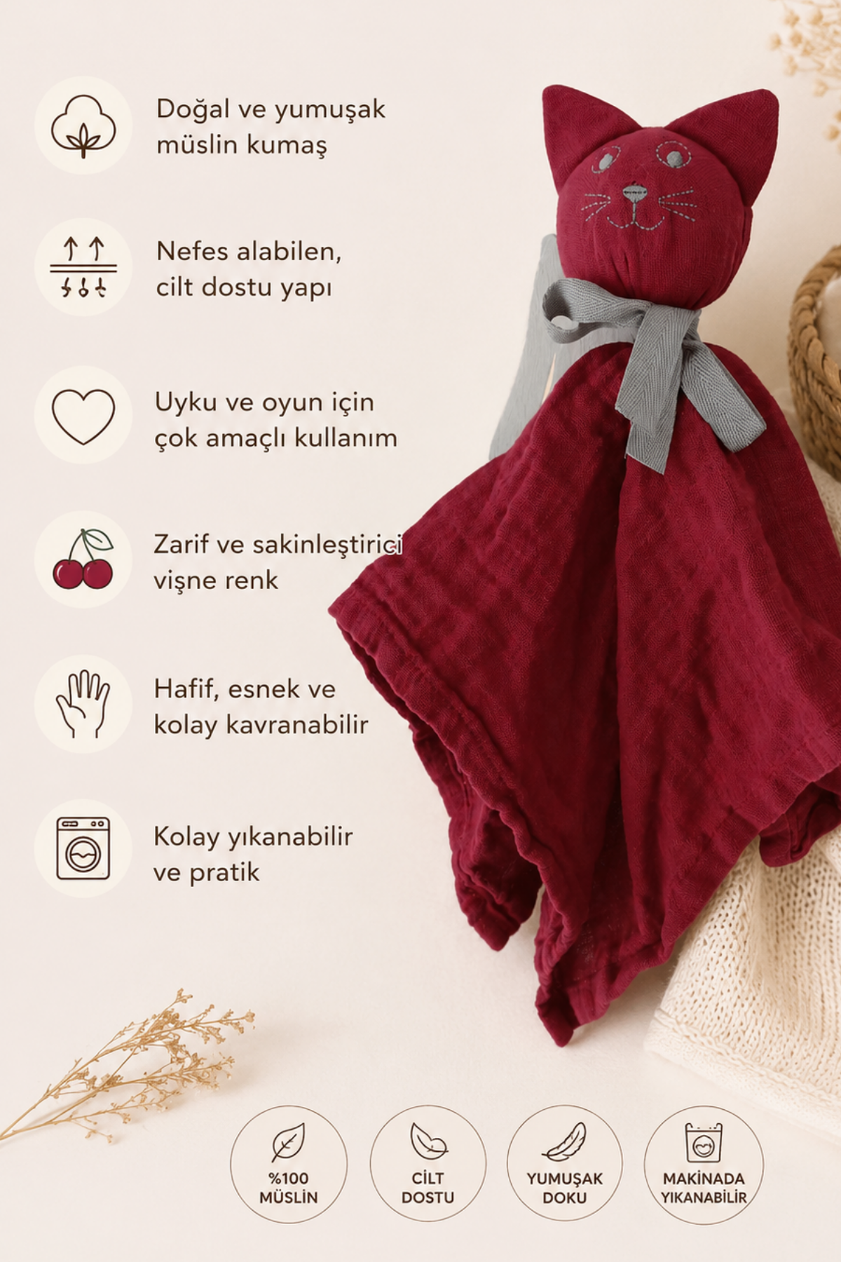 Reyo Beberotti Müslin Uyku Oyun Arkadaşı Vişne
