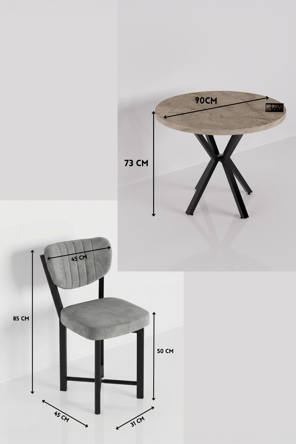 Reyo Falez Elma 90 cm 4 Sandalyeli Yuvarlak Masa Takımı Modern Mutfak Balkon Kafe Yemek Masası Seti - Traverten Gri 9866